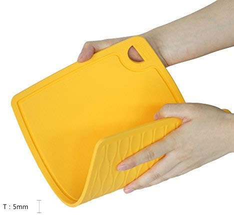 Liflicon Thick Silicone Cutting Board 12.6'' x 9.1'' Juice Grooves Easy Grip Handle Dishwasher Safe-Yellow