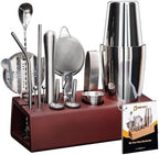 Cocktail Shaker Set Bartender Kit with Bamboo Stand, 15-Piece Stainless Steel Bar Set Accessories, Professional Bartending Kit Home Bar Tools Set with Recipes (Silver, Brown Stand)