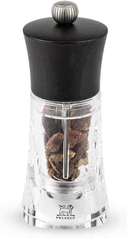 Manual chili pepper mill, chocolate finish, beech wood and acrylic, 14 cm