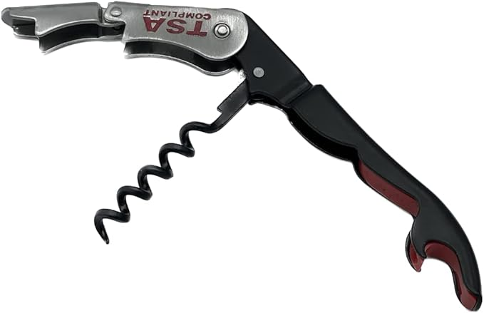 TSA Compliant Corkscrew Bottle Opener, Black Double Hinged, Stainless Steel Wine Key (1 Pack)