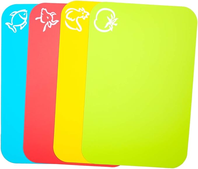 Small Flexible Plastic Cutting Board Mats, Cutting Boards Mats With Food Icons, Gripped Back and Dishwasher Safe, Set of 4 (7.5x11.4inch)
