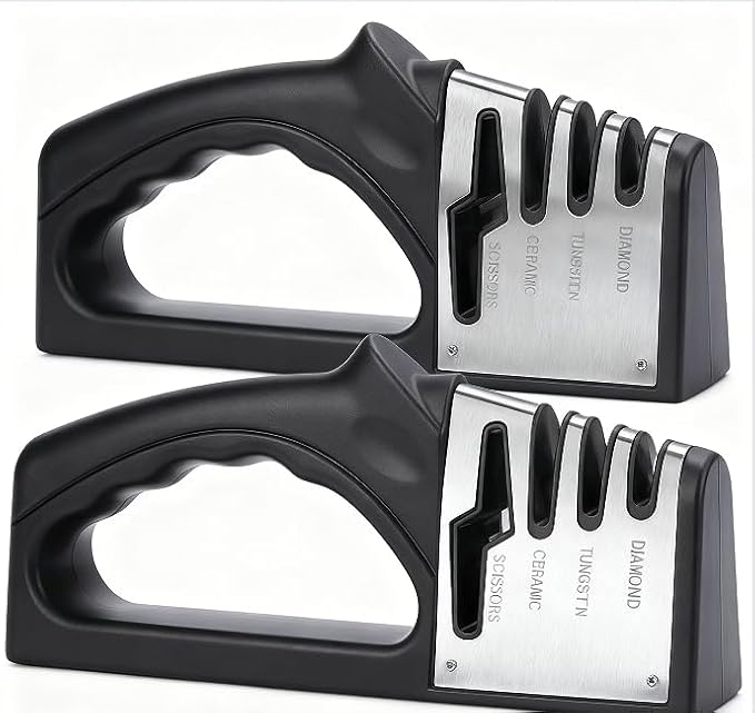 4-in-1Manual Knife Sharpener Suitable for kitchen knives, fruit knives, steel knives, scissors, and 3-level precision sharpening.Non slip base, suitable for home use (black) (2)