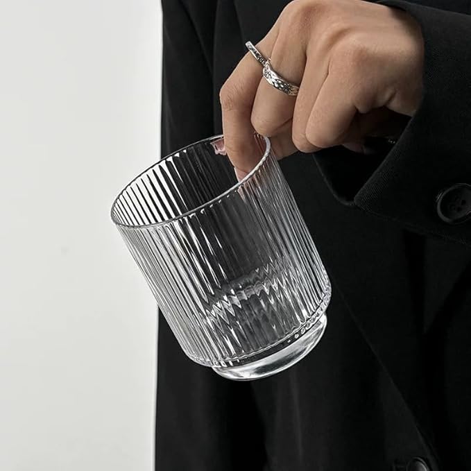 Set of 8 Ribbed Glass Cups with Crystal Base,4 Highball Glasses 18oz & 4 Rocks Drinking Glasses 9oz, Art Deco, for Water, Iced coffee, Cocktail, Juice, Whiskey, Wine, Gift