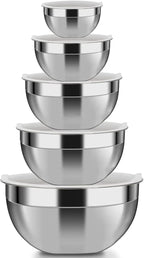 Mixing Bowls, 5Pcs Stainless Steel Mixing Bowl Set, Utensils for the Kitchen, Multifunctional, Stackable, Dishwasher Safe, 3.75L / 3.25L / 2.5L / 2L / 1.3L (With lid)