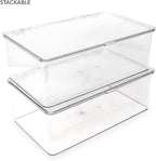 Isaac Jacobs Medium Stackable Organizer Bin (10.75”x6.5”x3.7”) w/ Hinged Lid, Clear Storage Box, Home, Office, School, Fridge, Bathroom, Kitchen, Pantry Container, BPA-Free, Food Safe (Medium, Clear)