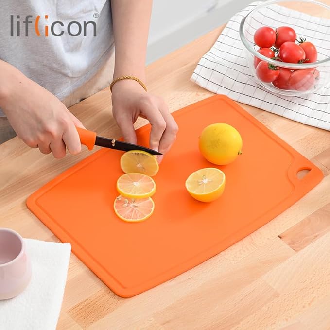 Liflicon Thick Silicone Cutting Boards for Kitchen Silicone Chopping Boards/Mats Set of 2 Extra Large14.6''x10.43'', Mini 9.1”x7.1” Non-slip Deep Drip Juice Groove, Dishwasher Safe-Orange