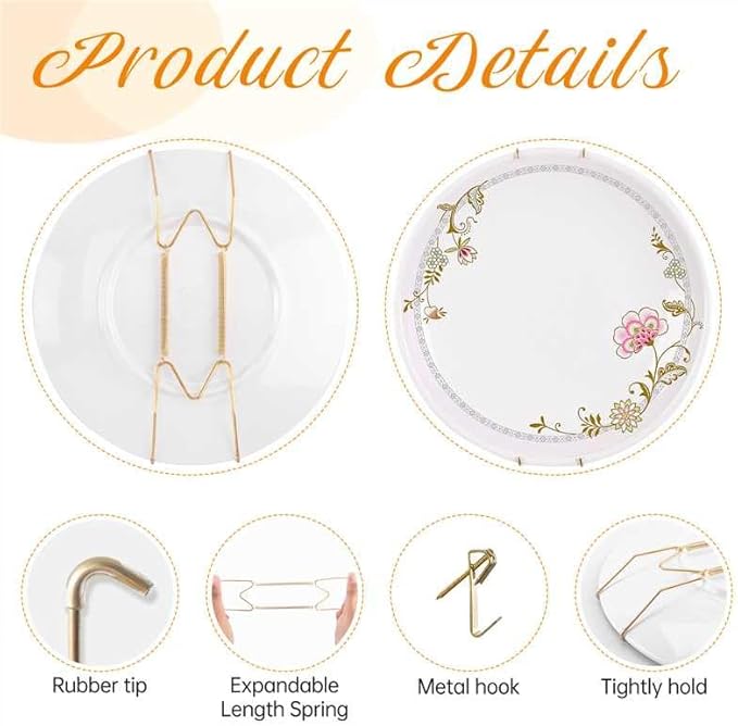 Bilillo 12 Pieces Heavy Duty Invisible Wall Plate Hangers, Stainless Steel Wire Plate Holders with Hooks and Rubber Protectors, Safe and Sturdy Display Hangers for 4-5 Inch (Gold)