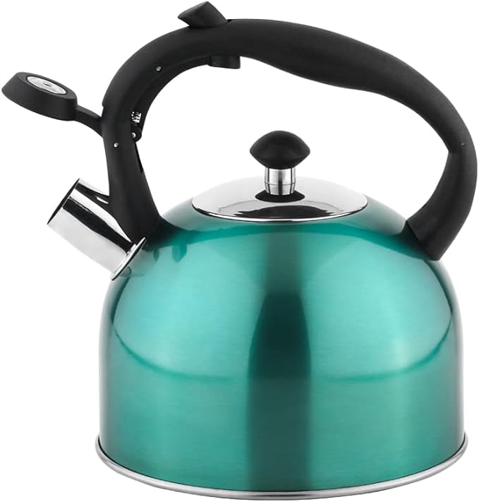 Amazon Basics Stainless Steel Whistling Tea Kettle, Fast Boiling for Tea and Coffee, Food Grade, Ergonomic Handle, 2.3 Liter, Teal