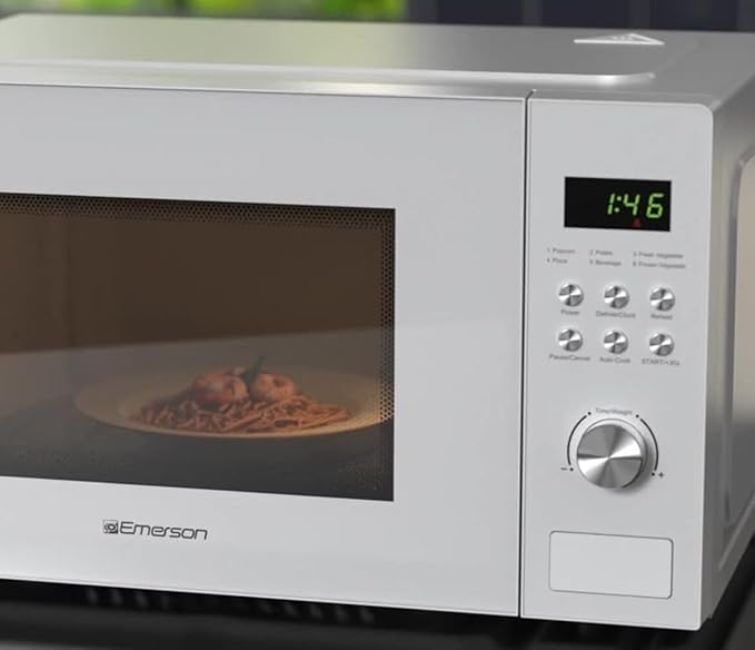 Emerson MW1101W Countertop Microwave Oven with Button Control, LED Display 1000W, 10 Power Levels, 6 Auto Menus, Glass Turntable and Child Safe Lock, 1.1 Cu. Ft., White