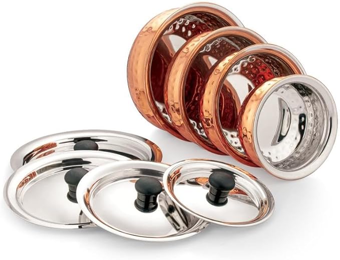 Dynore Stainless Steel Copper Plated Hammered Finish Handi Set with SS lid- Set of 4 for Serving & Cooking