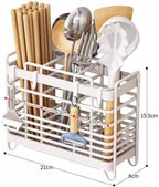 Utensil Holder Metal Hollow Out Kitchen Utensil Holder with 3 Compartments, Wall Mount/Countertop Utensil Drying Racks, White Utensil Caddy with Drain Tray and Hooks Cutlery Holder
