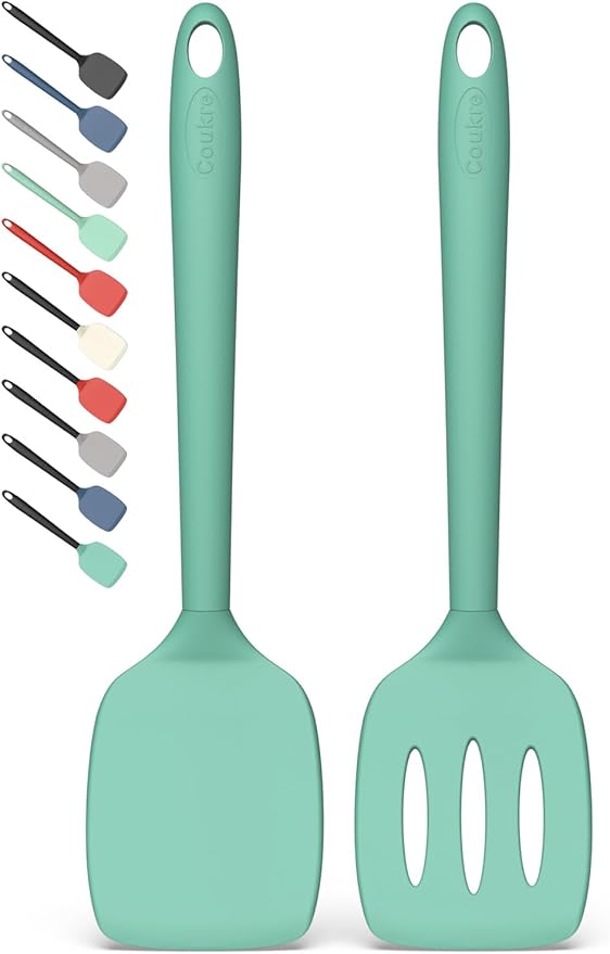 Coukre 2 Pack Silicone Spatula Set, High Heat Resistant, BPA Free Kitchen Spatula, Solid & Slotted Turner for Non-Stick Pans, Sautéing, and Flipping (2, SolidAquaGreen)