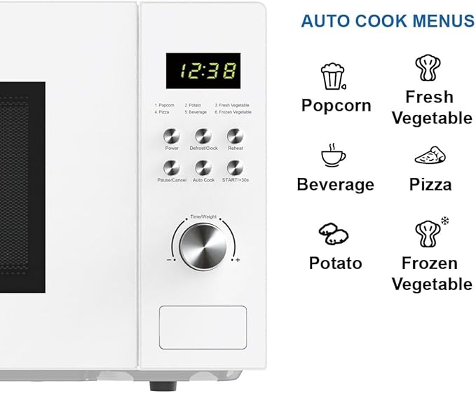 Emerson MW1101W Countertop Microwave Oven with Button Control, LED Display 1000W, 10 Power Levels, 6 Auto Menus, Glass Turntable and Child Safe Lock, 1.1 Cu. Ft., White