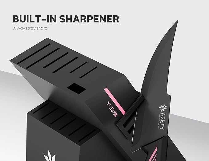 Knife Set - 15 PCS Kitchen Knife Set with Built-in Knife Sharpener Block - Stainless Steel Knife Block Set - Dishwasher Safe, Elegant Box for Her Women Wife, Valentines Day, Pink