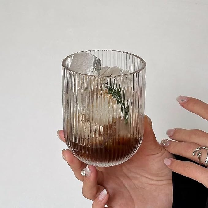 Set of 8 Ribbed Glassware,4 Highball Glasses 14oz & 4 Rocks Drinking Glasses 9oz, Clear, Origami Style, Fluted Design, for Milk, Water, Cocktail, Juice, Beer, ToothBrush Cup, Gift