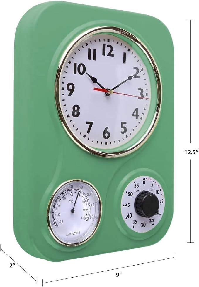 Lily's Home -9.5 Inch x 12.5 Inch - Retro Kitchen Wall Clock, Vintage Wall Clock with a Thermometer and 60-Minute Timer, Ideal for Any Kitchen, Office, or Diner (Retro Green)