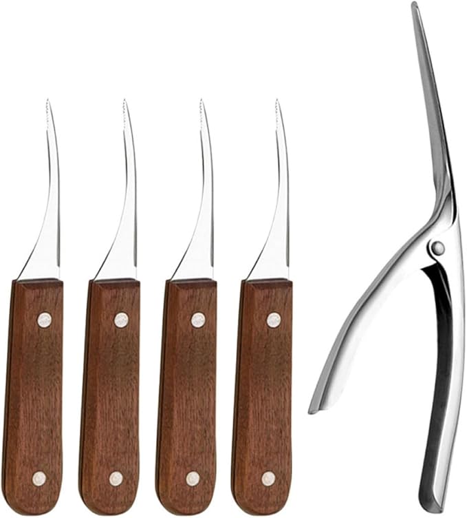 BESPORTBLE Stainless Steel Shrimp Peeler and Deveiner Set with Wood Handles 4 Shrimp Knives and 1 Shell Clipper Seafood Tool and Deveining Kitchen Specialty Gadgets 5pcs