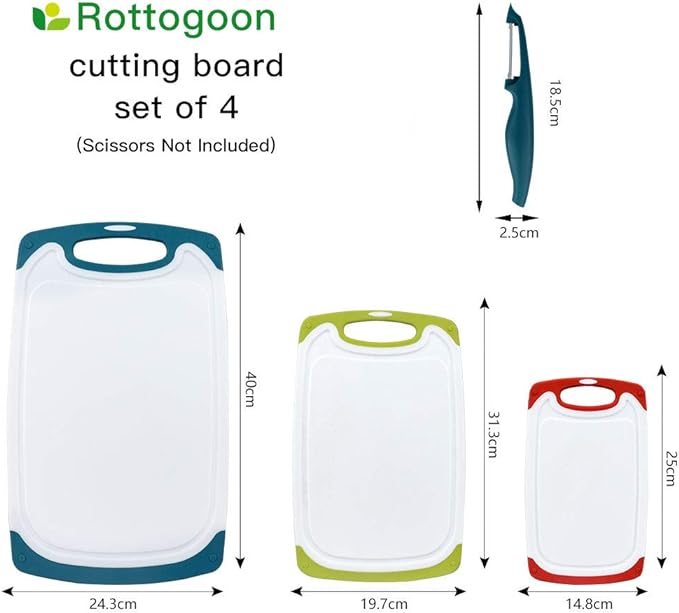 Cutting Boards for Kitchen, Plastic Chopping Board Set of 4 with Non-Slip Feet and Deep Drip Juice Groove, Easy Grip Handle, Dishwasher Safe