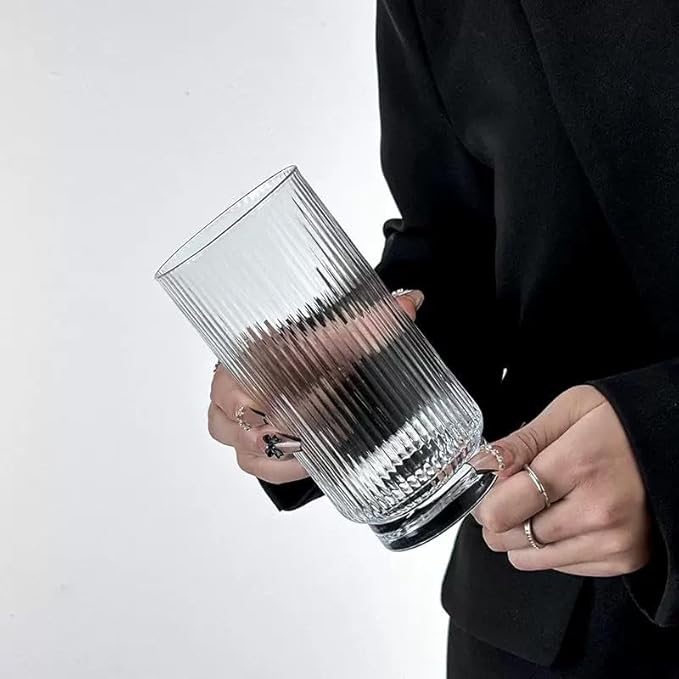 Set of 8 Ribbed Glass Cups with Crystal Base,4 Highball Glasses 18oz & 4 Rocks Drinking Glasses 9oz, Art Deco, for Water, Iced coffee, Cocktail, Juice, Whiskey, Wine, Gift