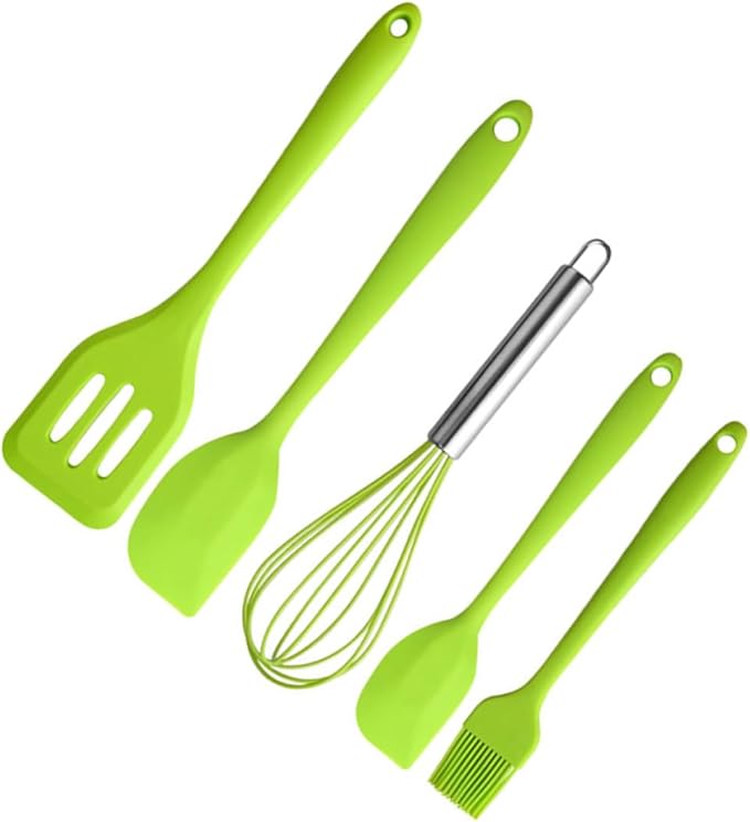 Silicone Baking Utensil Set 5pcs Egg Whisk and Spatula, Green Food-grade Non-stick Cooking Tools for Kitchen Baking and Cooking
