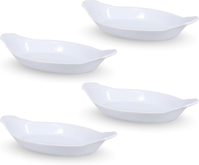 BIA Cordon Bleu Oval Au Gratin, Set of 4-24oz White Porcelain Baking Dishes, Glossy Finish - Microwave, Oven & Dishwasher Safe Cookware for Side Dishes, Casseroles & Gift Giving (13" x 7")