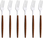 6-Piece Dessert Forks Set, Stainless Steel Mini Fruit Forks Set, Silver Mirror Polished Cake Forks for Wedding Home Party Restaurant, Round Wooden Effect Handle, 6.18inch, Dishwasher Safe