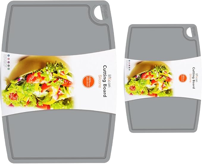 Liflicon Thick Silicone Cutting Boards for Kitchen Silicone Chopping Boards/Mats Set of 2 Extra Large14.6''x10.43'', Mini 9.1”x7.1” Non-slip Deep Drip Juice Groove, Dishwasher Safe-Gray
