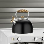 2.6 Quart Whistling Tea Kettle for Stovetop, Food Grade Stainless Steel with Cool Wood Pattern Handle, Induction Compatible, Black