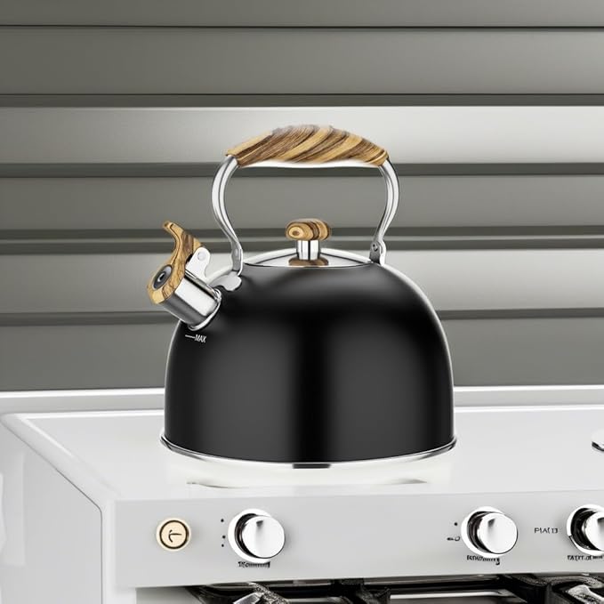 2.6 Quart Whistling Tea Kettle for Stovetop, Food Grade Stainless Steel with Cool Wood Pattern Handle, Induction Compatible, Black