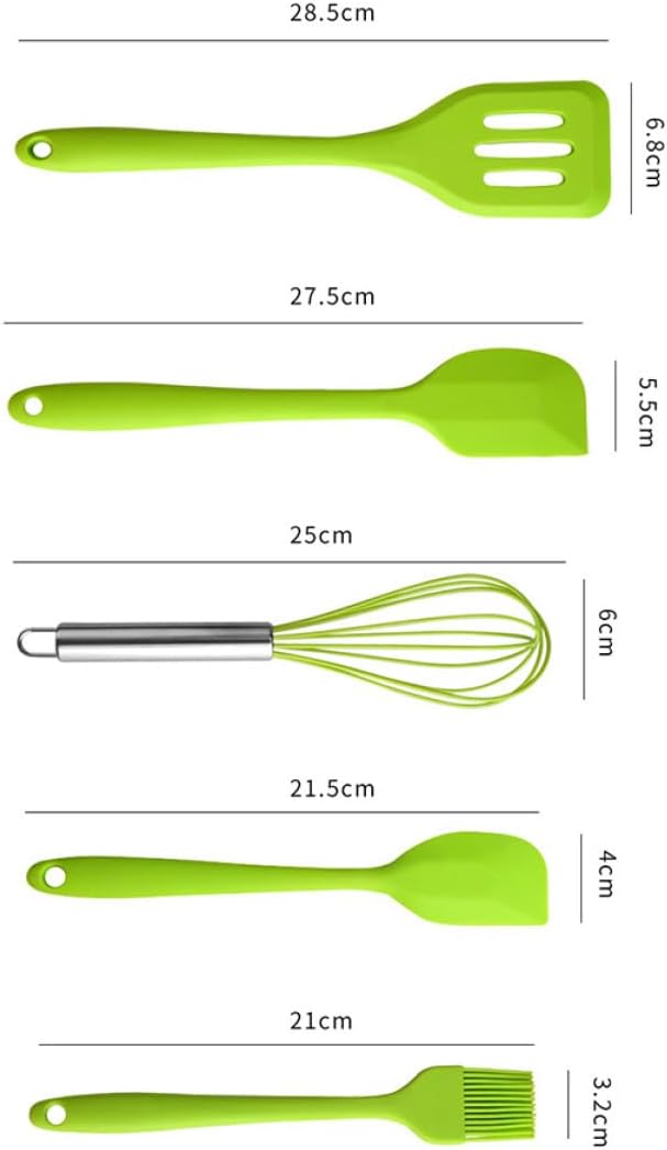 5pcs Silicone Kitchen Utensil Set Green with Egg Whisk, Scraper, Brush, and Shovel for Baking and Cooking Tools