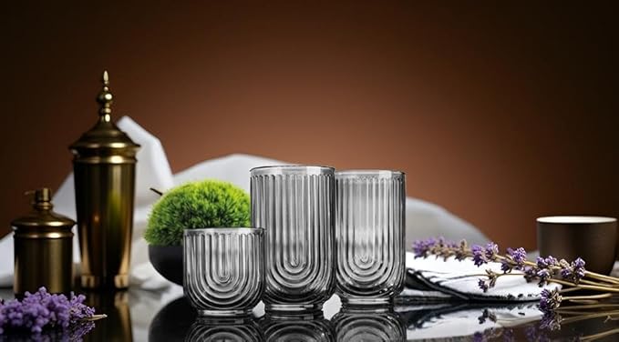 16 Piece Smoke Glassware Set, Art Deco Black Drinking Glasses, Ribbed U-Shape Design, 8 Highball 17oz and 8 Whiskey 11oz DOF