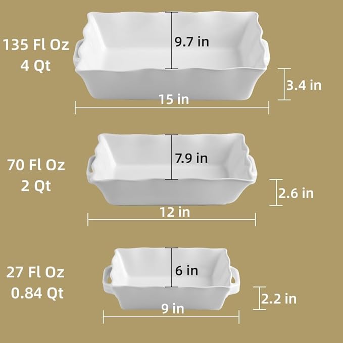 Sweejar Casserole Dishes for Oven, Ceramic Bakeware Set of 3, Rectangular Baking dish with Handles, Wave Edge Lasagna Pan Deep for Cooking, Cake, Dinner, Banquet and Daily Use (Red)