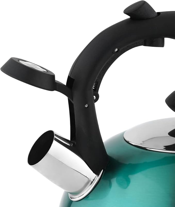 Amazon Basics Stainless Steel Whistling Tea Kettle, Fast Boiling for Tea and Coffee, Food Grade, Ergonomic Handle, 2.3 Liter, Teal