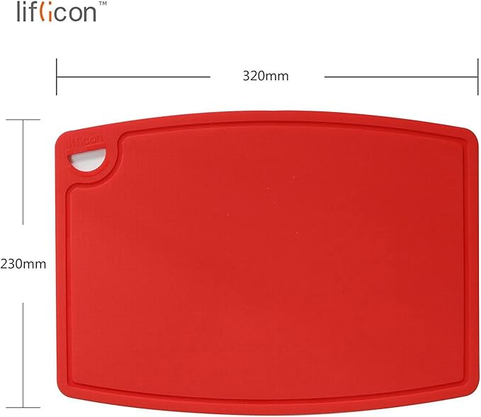 Liflicon Thick Silicone Cutting Board 12.6'' x 9.1'' Juice Grooves Easy Grip Handle Dishwasher Safe-Red