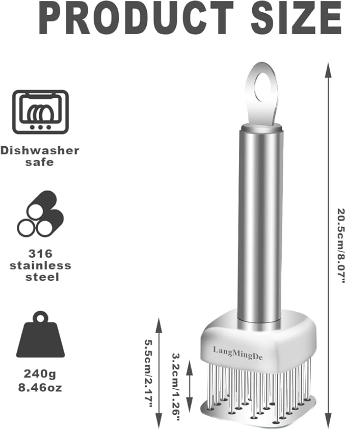 LANGMINGDE 18/10 Stainless Steel Meat Tenderizer Tool, 24 Sharp Needles for Tenderizing Steak Chicken Pork Veal Barbecue Marinating