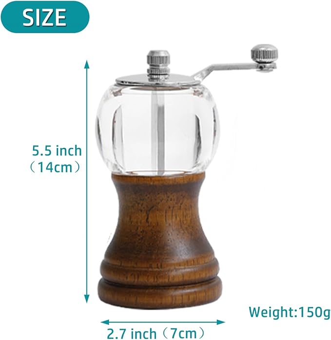Salt and Pepper Grinder Set with Handle Crank Acrylic Manual Salt and Pepper Mills Black Pepper Spice Grinders Ceramic Core, Stainless Steel Handle, Adjustable Coarseness (Walnut 2pcs-5in)