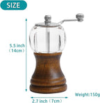 Salt and Pepper Grinder Set with Handle Crank Acrylic Manual Salt and Pepper Mills Black Pepper Spice Grinders Ceramic Core, Stainless Steel Handle, Adjustable Coarseness (Walnut 2pcs-5in)