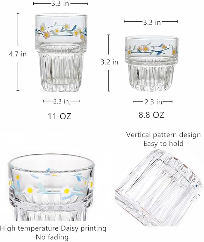 Set of 2 Floral Drinking Glasses Flower Glass Coffee Cups Cute Daisy Glass Cups for Juice,Iced Coffee,Tea,Latte,Dessert,Milk,Stackable Glassware Drinkware Set ﻿(blue1)