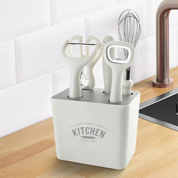 Multi Functional Kitchen Small Tool Set, 6-piece Set with Storage Stand, Fruit Food Tool Combination Set(Includes scissors, paring knife, bottle opener, grater, blender, storage base)