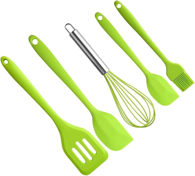 COLLBATH 5pcs Green Silicone Kitchen Utensil Set with Egg Whisk, Scraper, and Brush, Heat Resistant Cooking Tools for Baking and Food Preparation