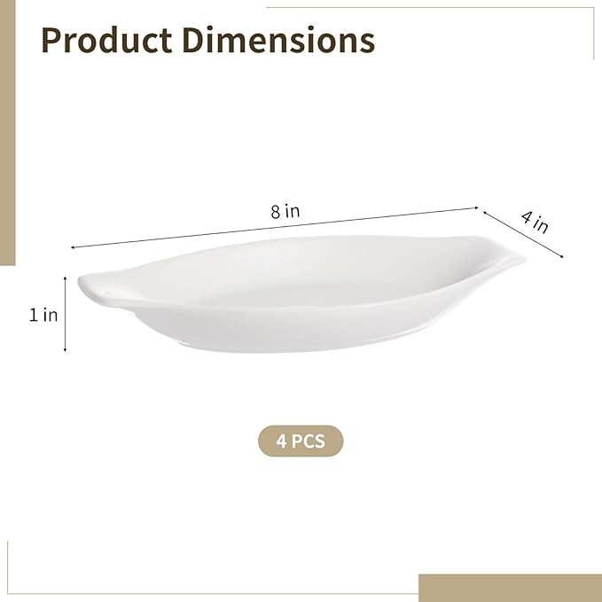4 Piece Oval Au Gratin Baking Dishes Set, 8 X 4 In Ceramic Banana Split Boats, Oven & Microwave Compatible Mini Casseroles With Handles