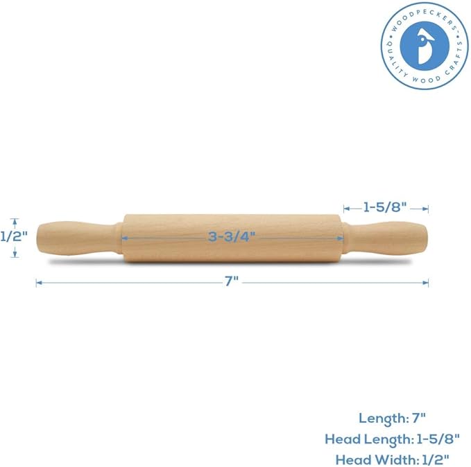 Wooden Mini Rolling Pin, 7 Inches Long, Pack of 50, Perfect for Fondant, Pasta, Baking in the Kitchen, Crafting, by Woodpeckers