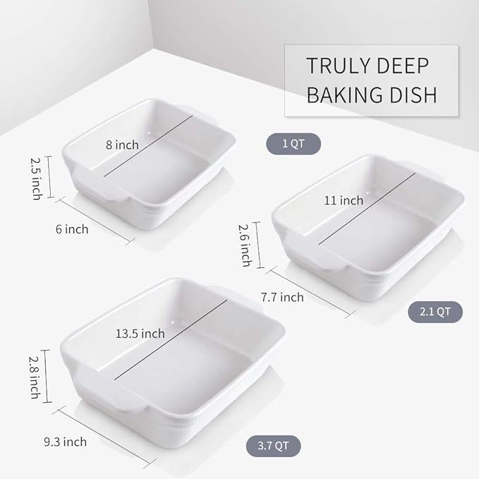 KOOV Bakeware Set, Ceramic Baking Dish Set, Rectangular Casserole Dish Set, lasagna Pan, Baking Pans Set for Cooking, Cake Dinner, Kitchen, 9 x 13 Inches, 3-Piece (Set of 3, White)