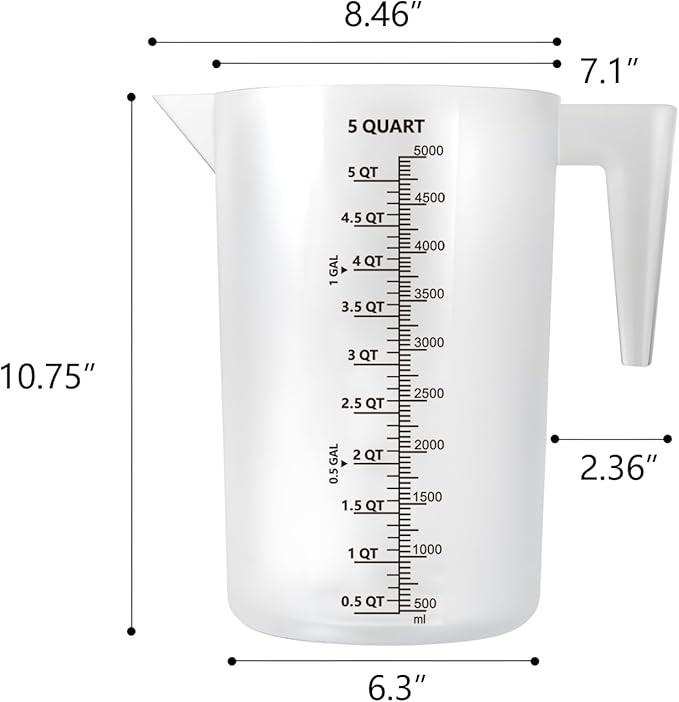 1 Gallon / 5 Quart / 5000 ml Large Plastic Measuring Pitcher with Handle, Clear Heavy Duty Mixing Pitcher with mL/QT/GAL Markings for Garden, Pool Chemicals, Motor Oil & Kitchen