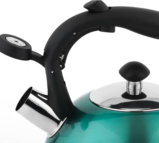 Amazon Basics Stainless Steel Whistling Tea Kettle, Fast Boiling for Tea and Coffee, Food Grade, Ergonomic Handle, 2.3 Liter, Teal