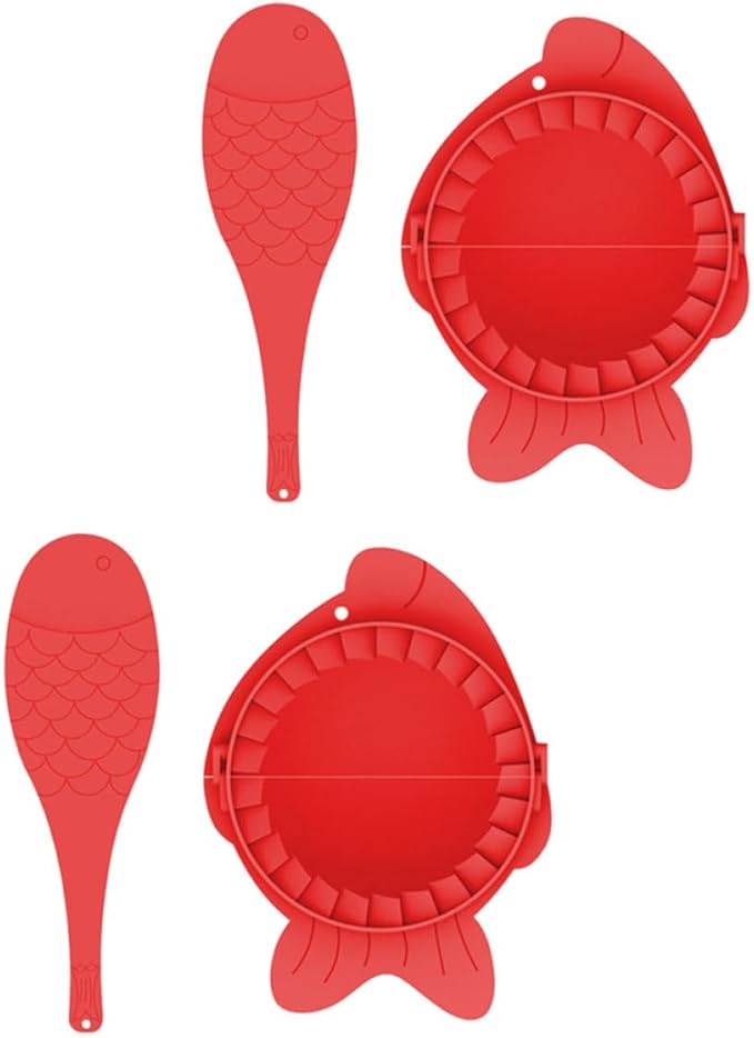 Mobestech Dumplings Maker Tools Set with 4 Red Plastic Dumpling Molds and Spoons Kitchen Gadget for Family Cooking