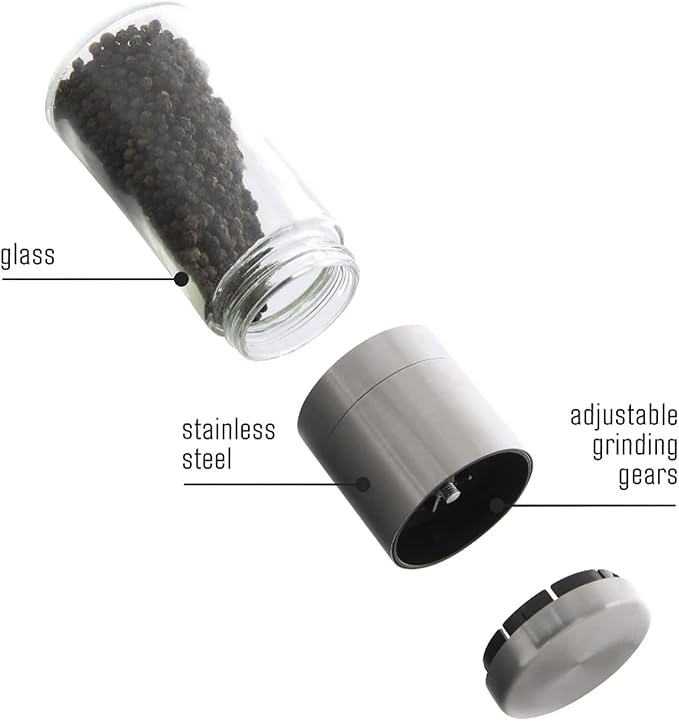 Salt and Pepper Grinder Set of 2 - Adjustable Sea Salt Grinder, Pepper Mill Grinder, Salt and Pepper Shakers - Small Salt and Pepper Grinder Set with Stainless Steel Cap and Glass Container