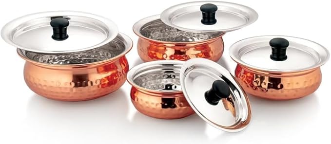 Dynore Stainless Steel Copper Plated Hammered Finish Handi Set with SS lid- Set of 4 for Serving & Cooking