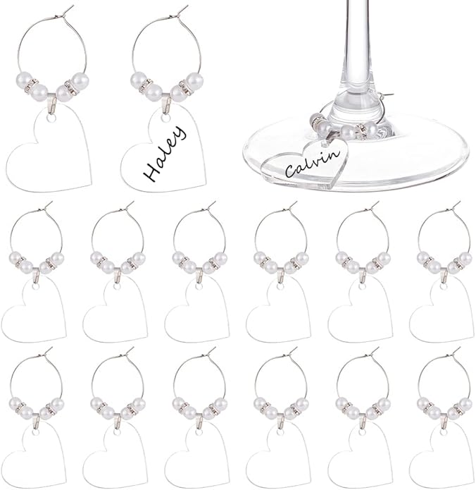 BENECREAT 20pcs Acrylic Blank Wine Glass Charms, Heart/Flat Round Charms for Birthday Holiday Wedding Party