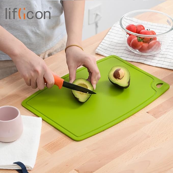 Liflicon Thick Silicone Cutting Boards for Kitchen Silicone Chopping Boards/Mats Set of 2 Extra Large14.6''x10.43'', Mini 9.1”x7.1” Non-slip Deep Drip Juice Groove, Dishwasher Safe-Green